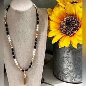 NWT Patricia Nash Beaded Tassel Necklace Black and White #ONNK
